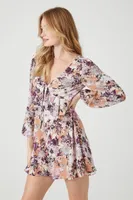 Women's Chiffon Floral Flounce Mini Dress in Mocha/Lavender, XS