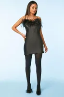 Women's Faux Fur-Trim Satin Slip Dress Black