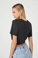 Women's Drawstring Short-Sleeve Crop Top in Black Large