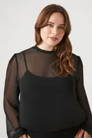 Women's Chiffon Peasant-Sleeve Bodysuit in Black, 2X