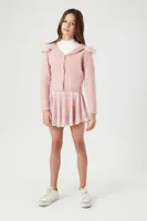 Girls Faux Fur Cardigan Sweater (Kids) in Pale Mauve, 13/14