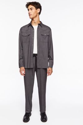 Men Pinstriped Belted Trousers in Charcoal/White Medium