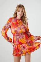 Women's Chiffon Watercolor Print Mini Dress Red