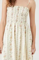 Women's Floral Print Smocked Midi Dress in Ivory Medium