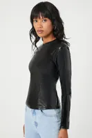 Women's Faux Leather Long-Sleeve Top in Black Small