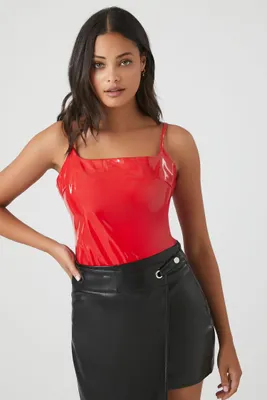 Women's Faux Patent Leather Bodysuit in Red Small