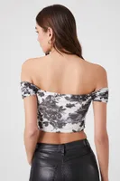 Women's Floral Off-the-Shoulder Crop Top in Black/White, XL