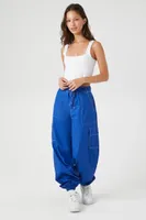 Women's Drawstring Poplin Cargo Joggers in Blue Large