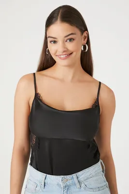 Women's Satin Lace-Trim Bodysuit in Black Large