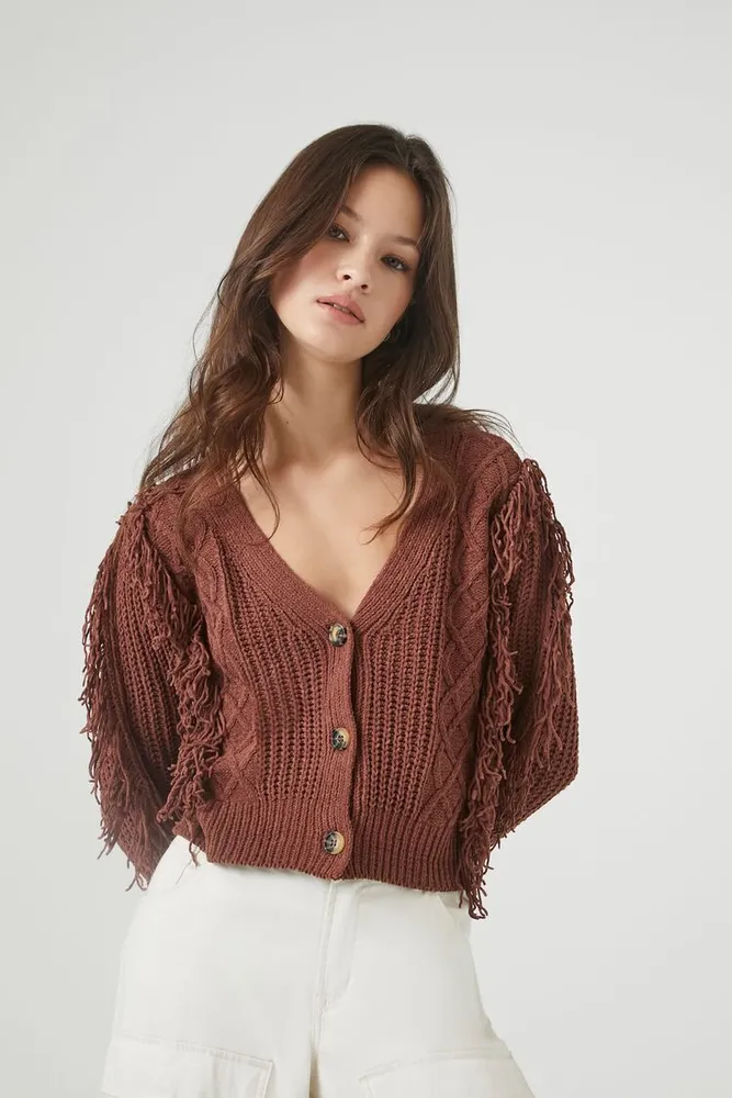 Women's Cable Knit Fringe Cardigan Sweater in Brown Small