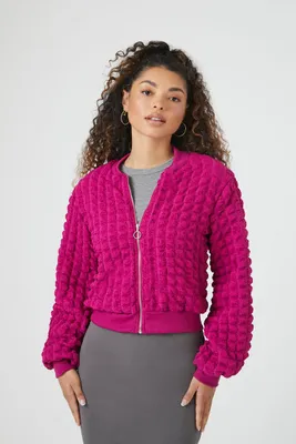 Women's Popcorn Knit Bomber Jacket in Pink Medium