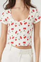 Women's Heart Cherry Print Cropped T-Shirt