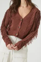 Women's Cable Knit Fringe Cardigan Sweater Brown