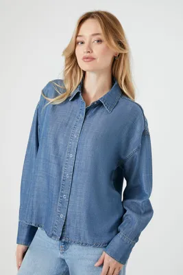 Women's Chambray Drop-Sleeve Shirt in Medium Denim, XL