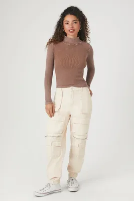 Women's Zippered High-Rise Cargo Jeans in Ivory Small