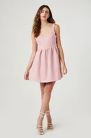 Women's Faux Pearl-Trim Tweed Mini Dress in Pink Small