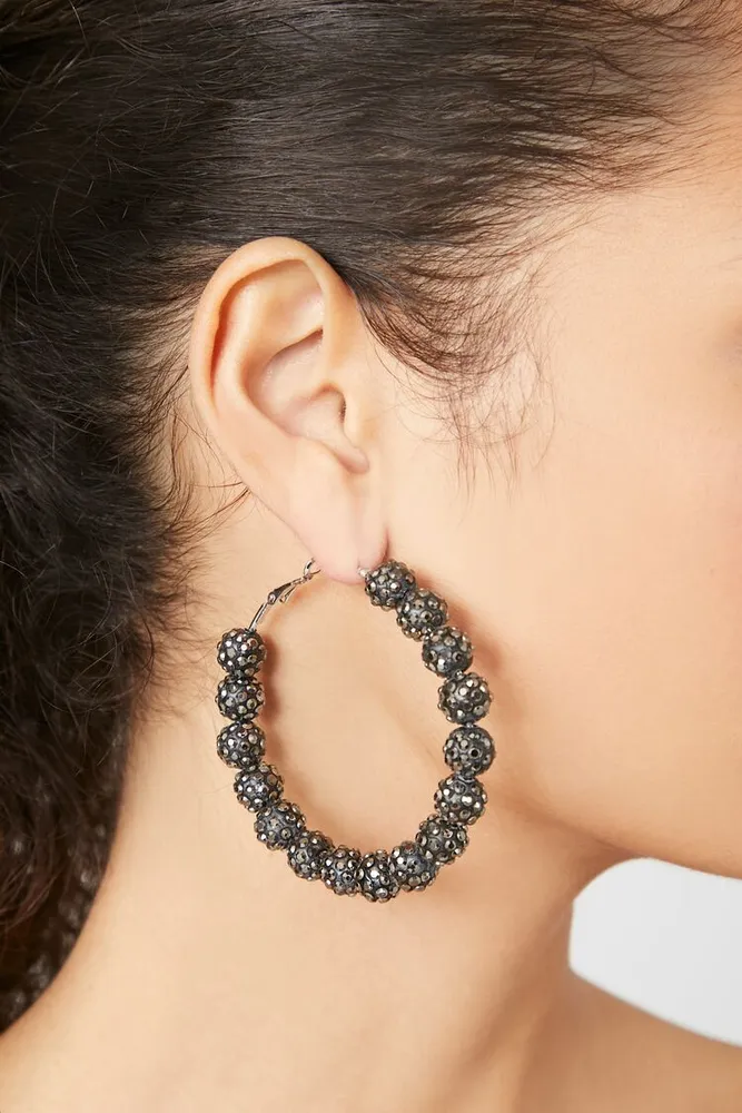 Women's Rhinestone Ball Bead Hoop Earrings in Black