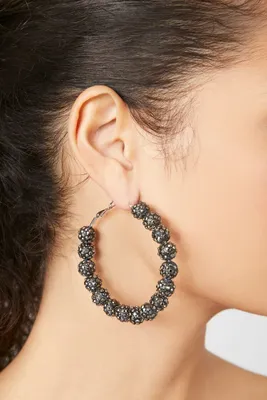 Women's Rhinestone Ball Bead Hoop Earrings in Black