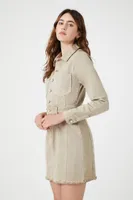 Women's Button-Up Twill Mini Dress in Khaki Small