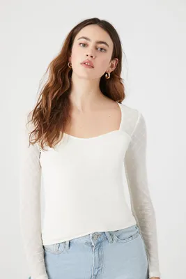 Women's Ribbed Lattice-Sleeve Top in White Medium