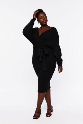 Women's Surplice Midi Sweater Dress in Black, 0X