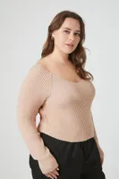 Women's Ribbed V-Neck Sweater in Tan, 3X