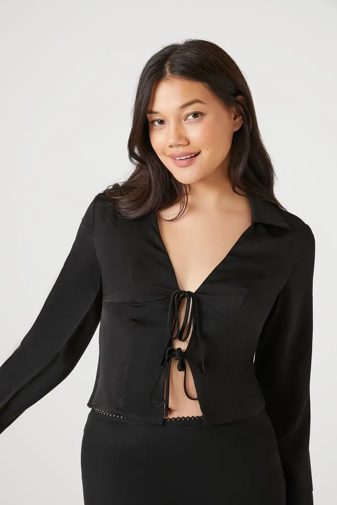 Women's Satin Tie-Front Crop Top in Black Small