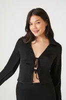 Women's Satin Tie-Front Crop Top in Black Small