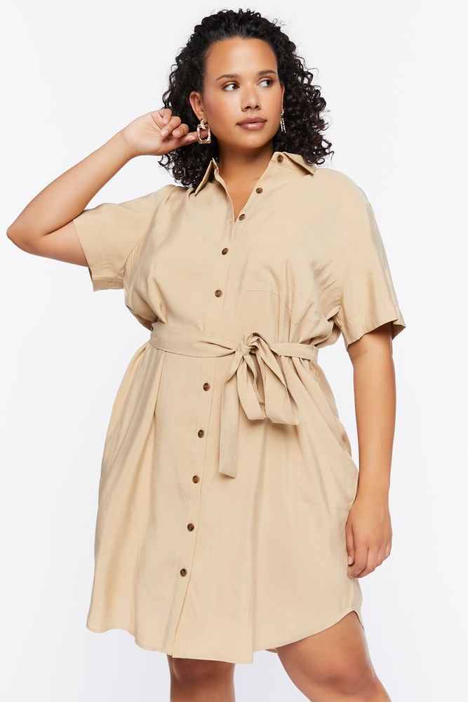 Women's Belted Mini Shirt Dress in Safari, 1X