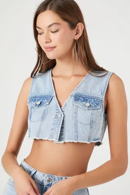 Women's Frayed Denim Crop Top in Light Denim Small