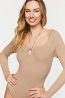 Women's Halter Cutout Long-Sleeve Bodysuit Khaki