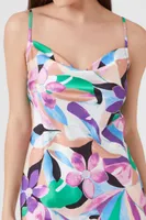 Women's Satin Abstract Print Mini Dress in Purple, XS