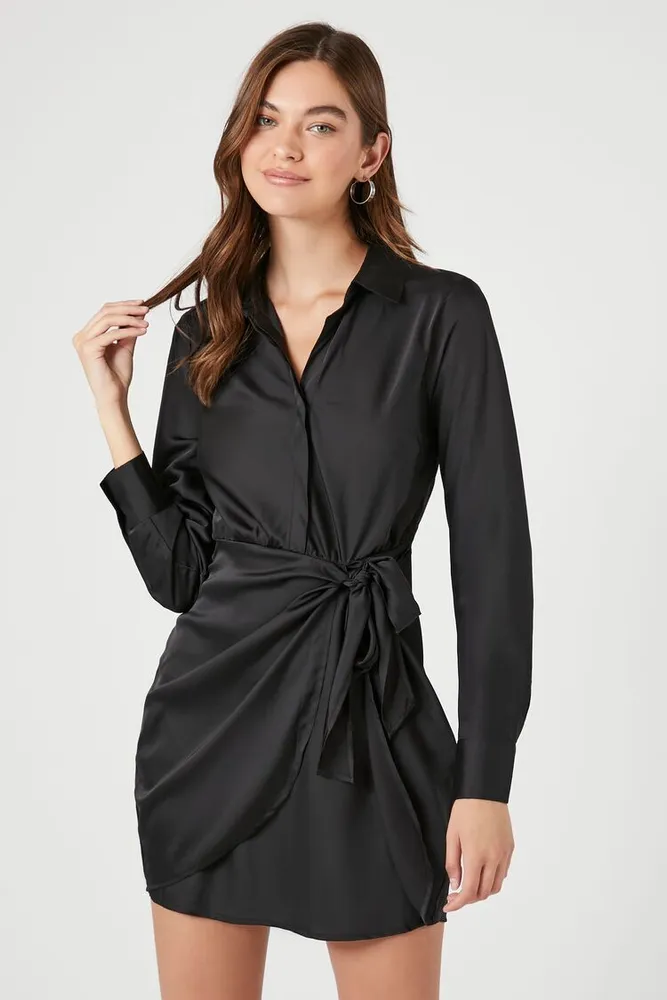 Women's Satin Mini Wrap Dress in Black Small