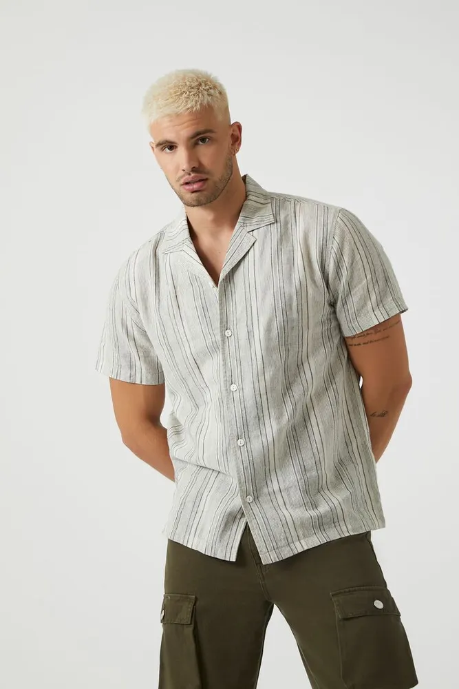 Men Linen-Blend Striped Shirt in Cream/Grey, XXL