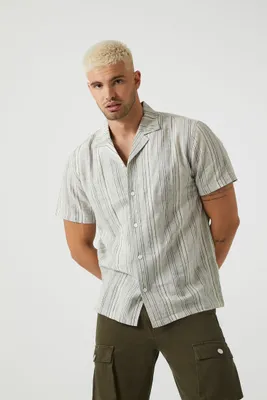 Men Linen-Blend Striped Shirt in Cream/Grey Large