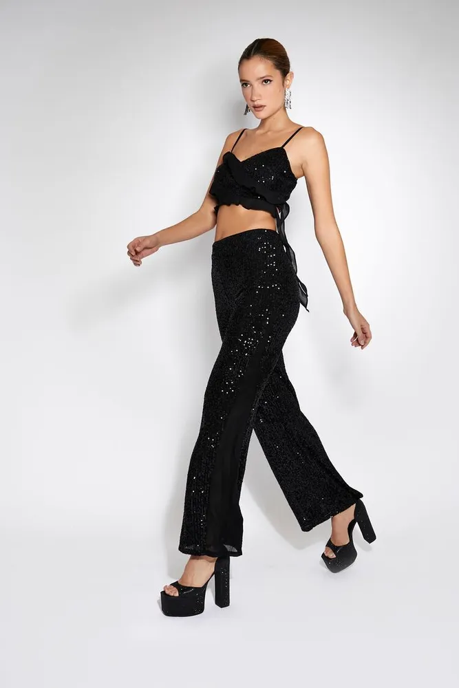 Forever 21 Women's Sequin Cropped Cami & Pants Set Black
