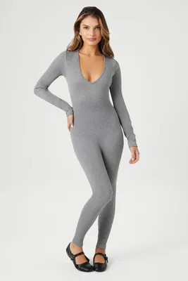 Women's Ribbed V-Neck Jumpsuit in Grey Large