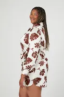 Women's Satin Tropical Print Wrap Dress Brown,