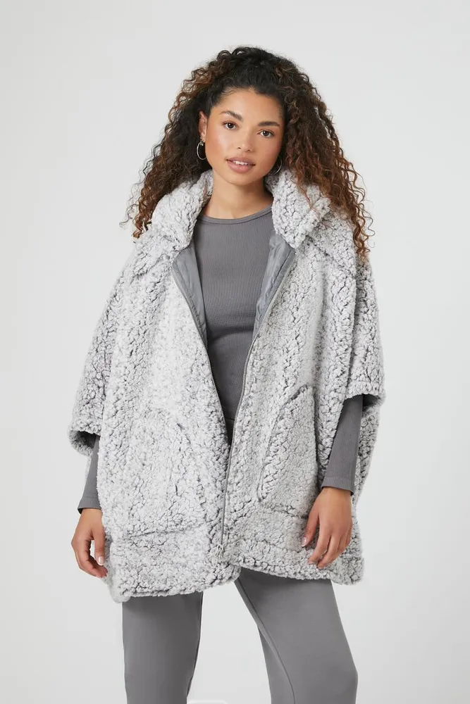 Women's Faux Shearling Hooded Poncho in Grey/Ivory Medium