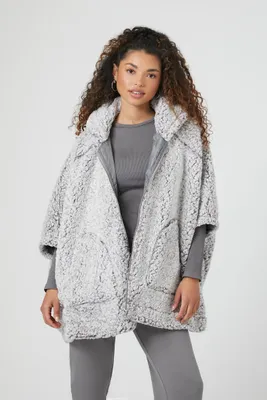 Women's Faux Shearling Hooded Poncho in Grey/Ivory Small