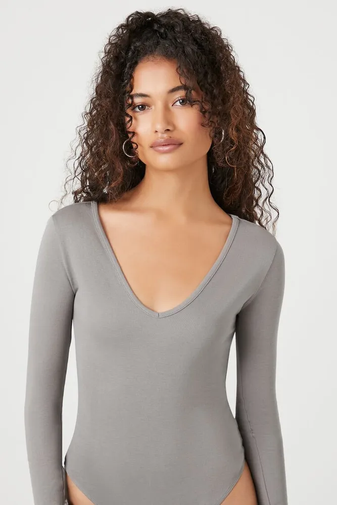 Women's Long-Sleeve V-Neck Bodysuit in Dark Grey, XL