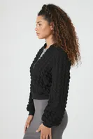 Women's Popcorn Knit Bomber Jacket in Black Large