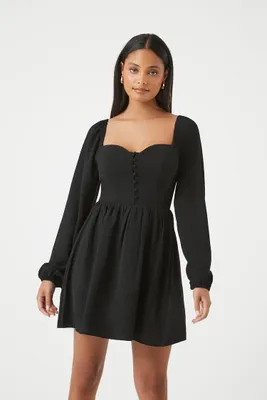 Women's Sweetheart Peasant-Sleeve Mini Dress in Black, XS