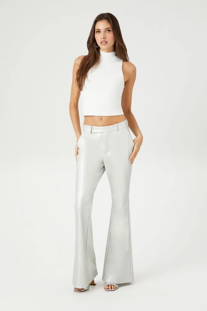 Women's Faux Leather Flare-Leg Pants in Silver Medium