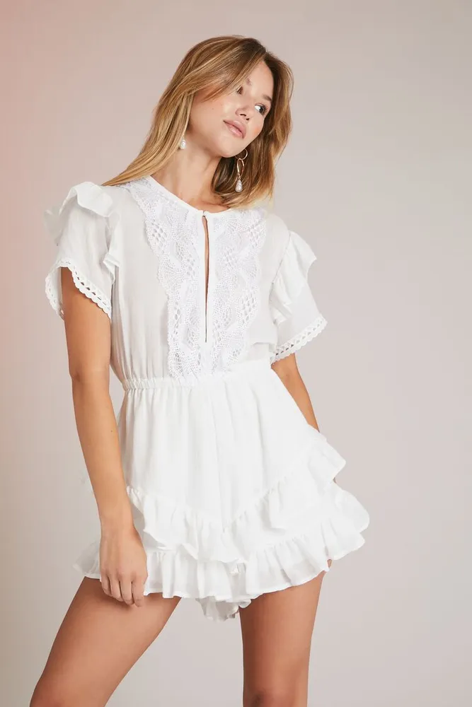 Women's Ruffle-Trim Keyhole Romper in White Small