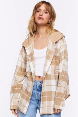 Women's Hooded Flannel Combo Shirt in Vanilla/Khaki Small