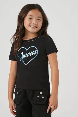 Girls Ribbed Rhinestone Amour T-Shirt (Kids) Black,