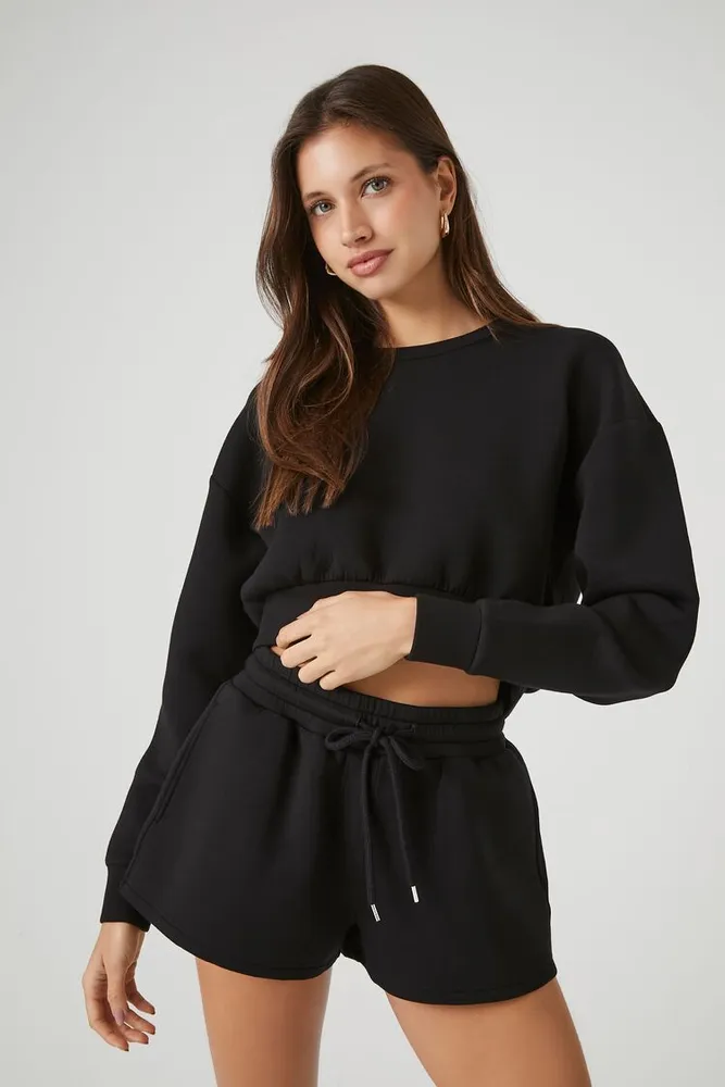 Women's Cropped Drop-Sleeve Pullover in Black Large