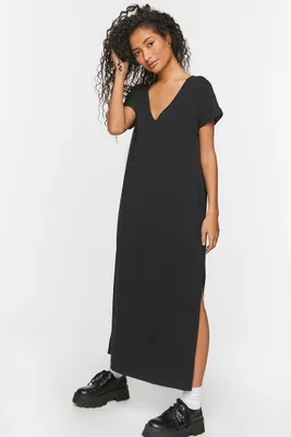 Women's V-Neck Short-Sleeve Maxi Dress in Black, XS