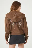 Women's Rhinestone Wing Graphic Zip-Up Hoodie in Brown Medium